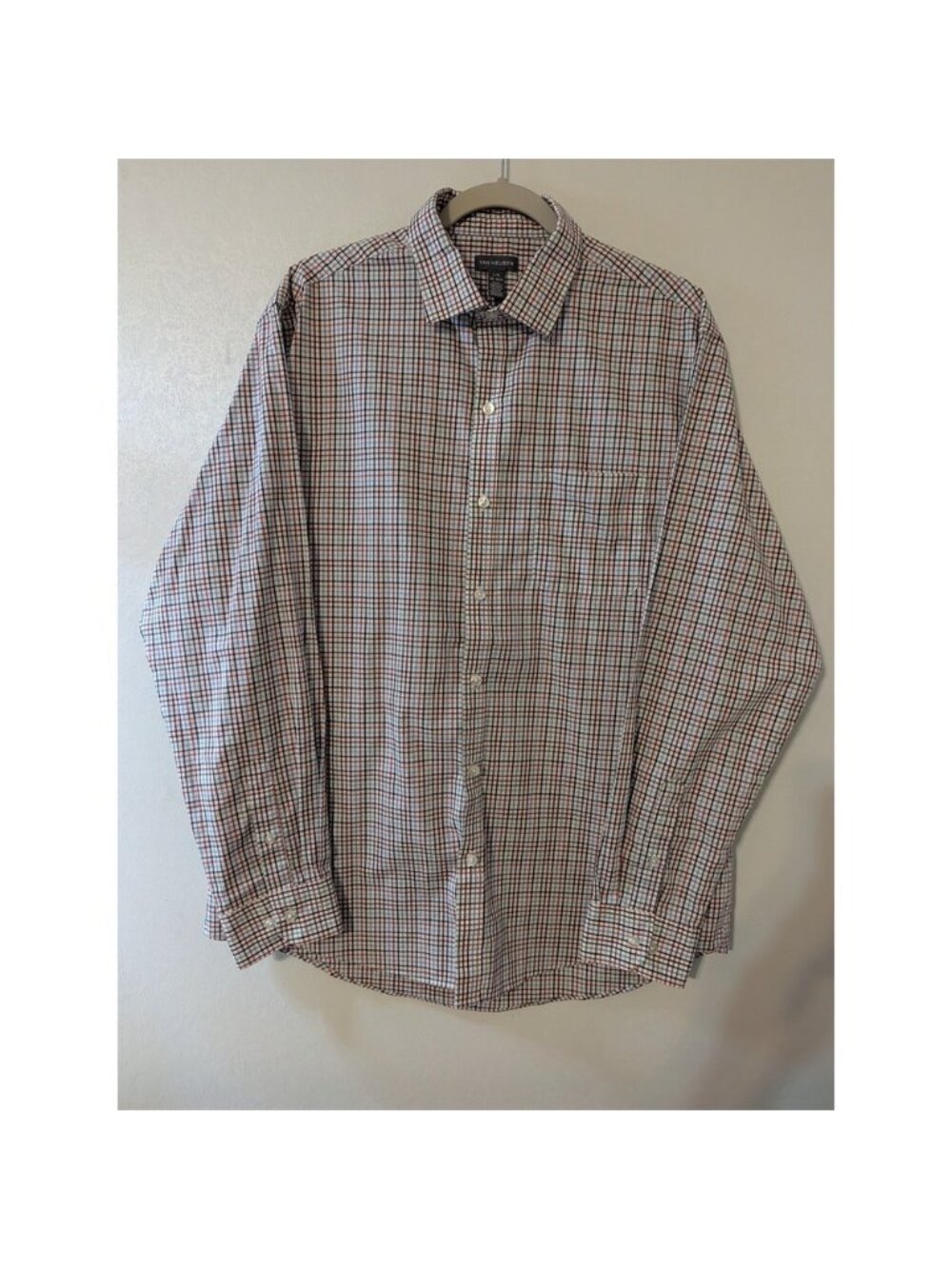 Van Heusen Mens Large Long Sleeve Button Down Check Dress Shirt Red Blue White